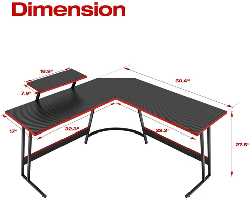 L Shaped Gaming Desk With Monitor Riser 51 Inch Corner Desk - Image 2