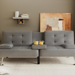 Grey Futon Sofa Bed With Adjustable Back And Cup Holders