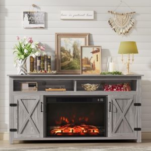 Rustic Fireplace TV Stand 65 Inch with Barn Doors Grey Wash