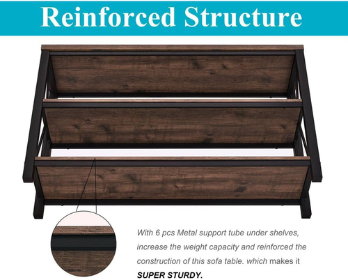 47 Inch Rustic Industrial Sofa Table With 3 Tier Shelves - Image 6