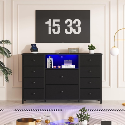 Black Dresser With Charging Station And LED Lights