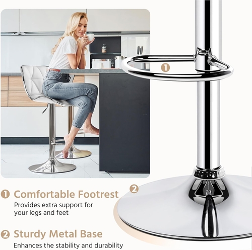 Bar Stools Set Of 2 White PU Leather Adjustable Swivel - Image 7