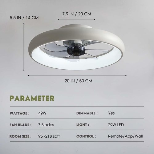 20 Inch Flush Mount Ceiling Fan With Lights Remote White Dimmable LED - Image 7