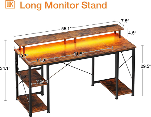 48 Inch Gaming Desk With Monitor Stand And LED Lighting - Image 3