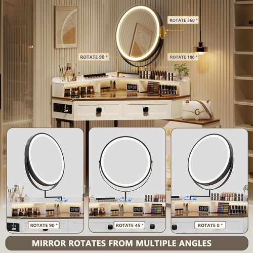 White Corner Vanity Mirror With Built In Charging Station - Image 5