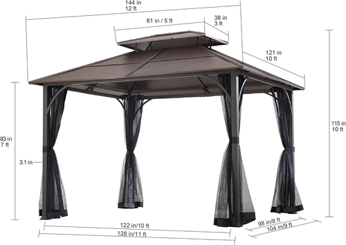 10x12 Brown Hardtop Gazebo With Steel Frame And Netting For Outdoor - Image 4