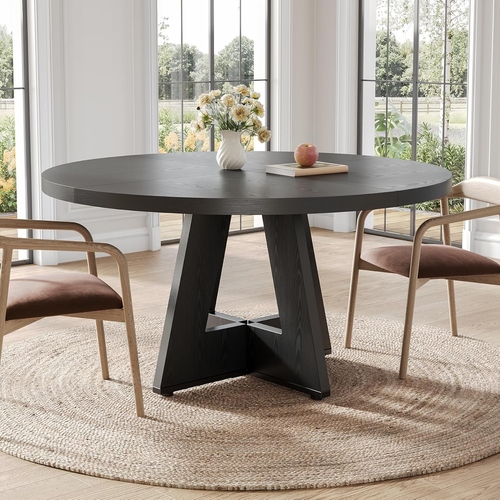 47 Inch Round Dining Table Black With Wooden Pedestal Base - Image 3