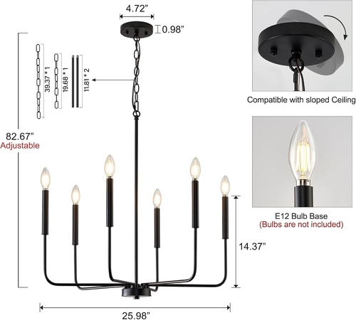 Modern Black 6 Light Chandelier Dining Farmhouse Pendant - Image 2
