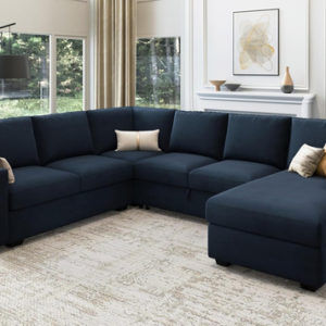 Blue Velvet U Shaped Sleeper Sofa With Pull Out Bed