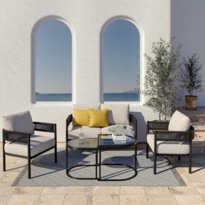 Beige 5 Piece Outdoor Wicker Patio Set With Thick Cushions