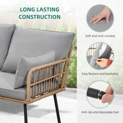 4 Piece Outdoor Wicker Patio Set Grey Memory Foam Cushions - Image 2