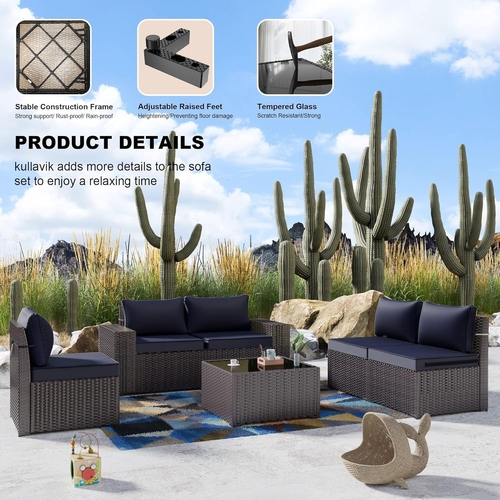 Navy Blue 6 Piece Outdoor Patio Sectional Sofa Set With PE Rattan - Image 4