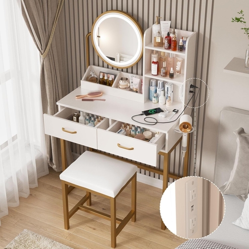 White Round LED Makeup Vanity Mirror With Charging Station 31.5 Inch - Image 2