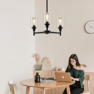 Three Light Black Glass Chandelier For Dining Room And Entryway With