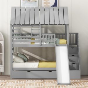 Twin Over Twin Bunk Bed With Slide For Kids Room Decor
