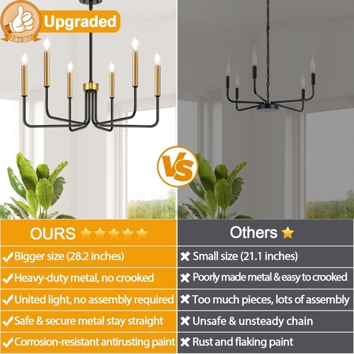 Black And Gold Six Light Farmhouse Chandelier For Dining Room - Image 2