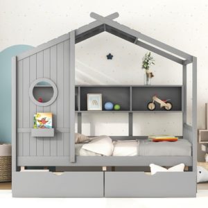 Kids Full Playhouse Bed With Drawers Shelves Storage