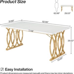 63 Inch Dining Table With Faux Marble Top For Kitchen And Dining Room