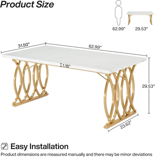 63 Inch Dining Table With Faux Marble Top For Kitchen And Dining Room