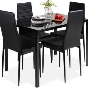 Glass Top Dining Table Set With Steel Frame Leather Chairs