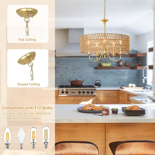 Gold 5 Light Rattan Boho Chandelier Pendant Lighting - Image 4