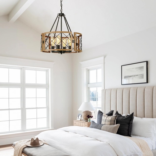 D19 Inch Farmhouse Chandelier 4 Light Pendant Black Oak - Image 5