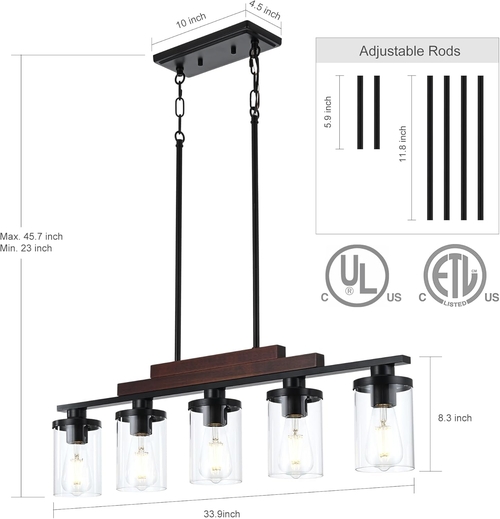 Five Light Farmhouse Linear Chandelier With Rustic Wood - Image 2