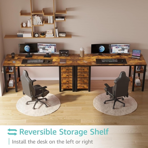 55 Inch Rustic Brown Computer Desk With 4 Fabric Drawers - Image 3