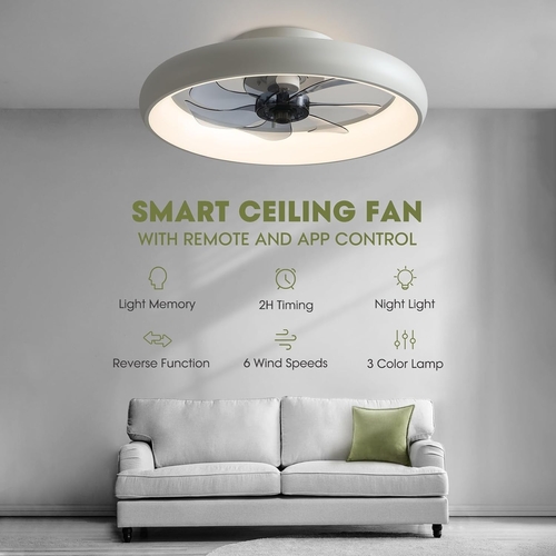 20 Inch Flush Mount Ceiling Fan With Lights Remote White Dimmable LED - Image 2