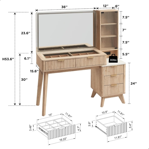 Oak Fluted Makeup Vanity 48 Inch With Lighted Mirror - Image 2