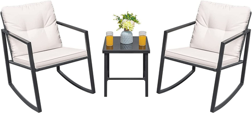 Beige 3 Piece Rocking Wicker Bistro Set With Glass Coffee Table For - Image 2