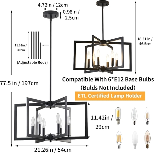 Black Metal Chandelier For Dining Room 6 Light Modern - Image 2