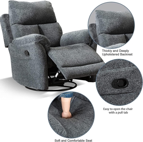 Swivel Rocker Recliner Chair Gray Fabric For Small Spaces - Image 6