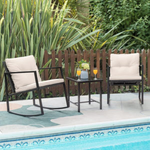 Beige 3 Piece Rocking Wicker Bistro Set With Glass Coffee Table For