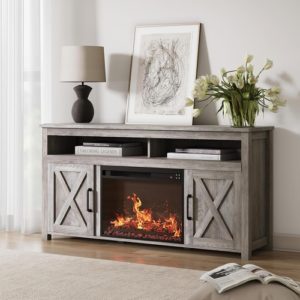 Barn Door Electric Fireplace TV Stand For 65 Inch TVs Gray