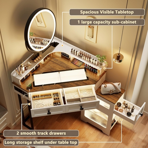 White Corner Vanity Mirror With Built In Charging Station - Image 6