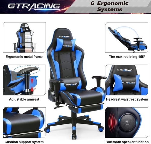Blue Bluetooth Gaming Chair With Footrest And Speakers - Image 6
