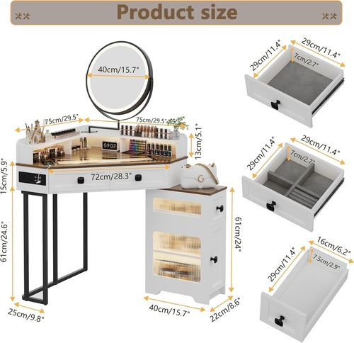 White Corner Vanity Mirror With Built In Charging Station - Image 7