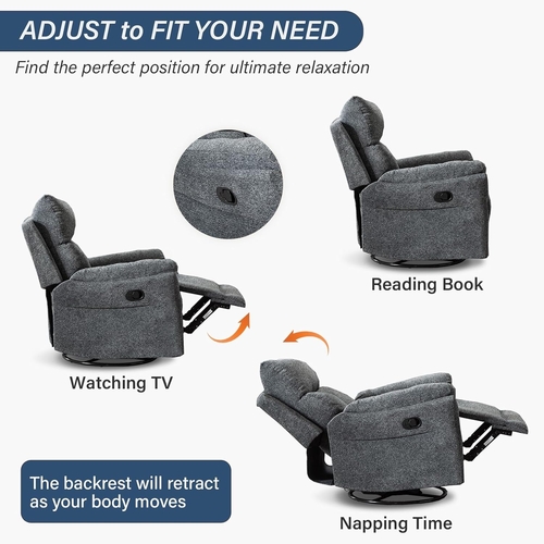 Swivel Rocker Recliner Chair Gray Fabric For Small Spaces - Image 7