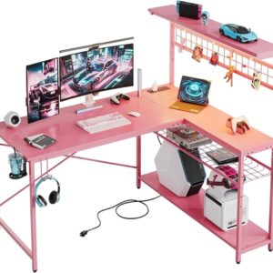 51 Inch L Shaped Gaming Desk Pink With Power Outlets And LED Lights