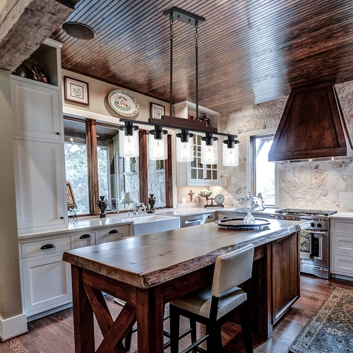 Five Light Farmhouse Linear Chandelier With Rustic Wood - Image 4