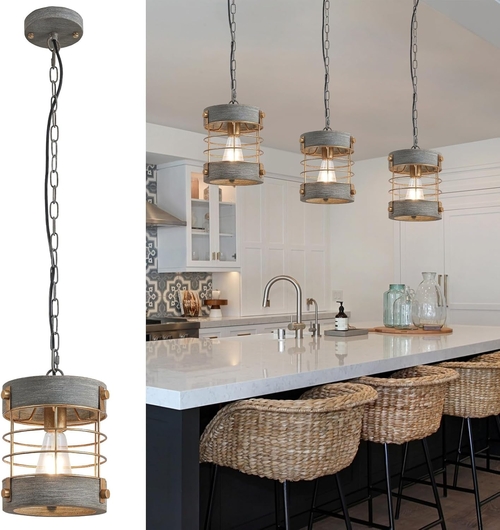 Rustic Farmhouse Pendant Light Adjustable Metal And Wood Blue Gray - Image 3