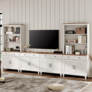 Farmhouse TV Stand For 75 Inch TV Off White 8 Doors