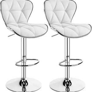 Bar Stools Set Of 2 White PU Leather Adjustable Swivel