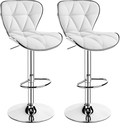 Bar Stools Set Of 2 White PU Leather Adjustable Swivel