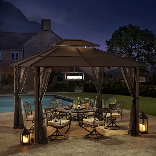 10x12 Brown Hardtop Gazebo With Steel Frame And Netting For Outdoor - Image 2