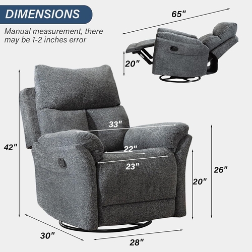 Swivel Rocker Recliner Chair Gray Fabric For Small Spaces - Image 2