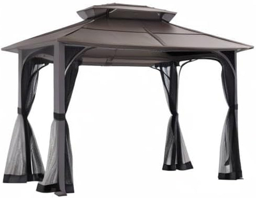 10x12 Brown Hardtop Gazebo With Steel Frame And Netting For Outdoor - Image 8