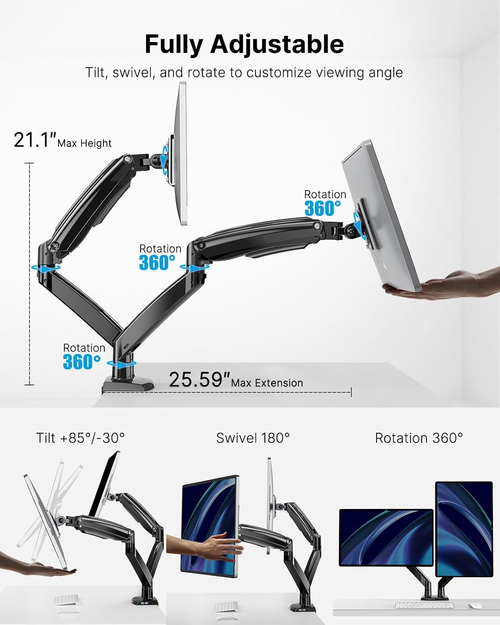 Dual Monitor Stand With USB Port Height Adjustable Arms - Image 5