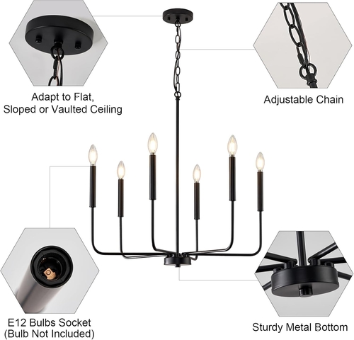 Modern Black 6 Light Chandelier Dining Farmhouse Pendant - Image 6